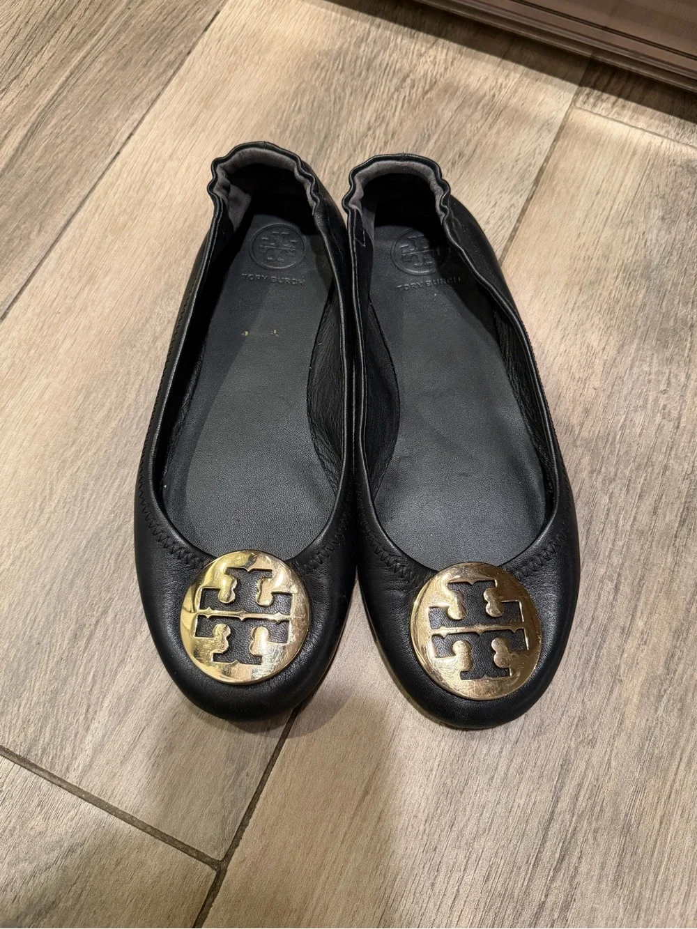 Tory Burch Black Leather Ballet Flats with Gold Logo Medallions